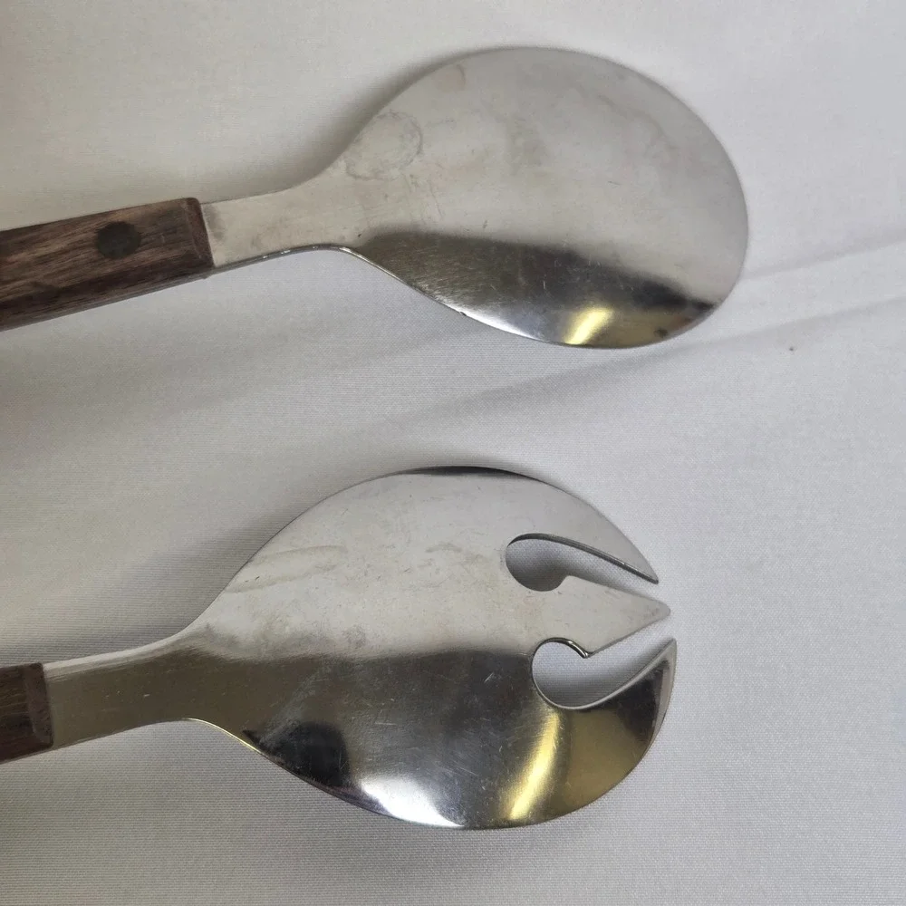 Pair of Stainless Steel Wood Handle Salad Servers Japan MCM Danish Style Vtg 13